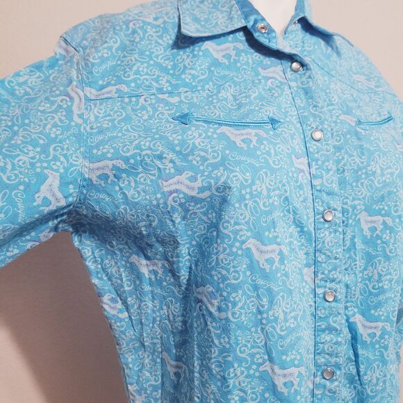 Wrangler Blues Small Polo snap button front collar horse graphic print cowgirl - Picture 6 of 11